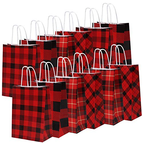 Cooraby 20 Pieces Red and Black Plaid Paper Party Bags Gift Bag Christmas Bag Birthday Kraft Party Bags with Handle for Wedding and Party Celebrations