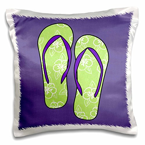 3dRose Cute Flip Flops Lime Green Flower Print and Purple-Pillow Case  16-inch pc775341
