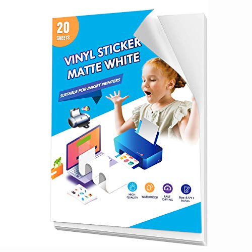 Printable Vinyl Sticker Paper for Inkjet Printer 20 Sheets Matte White Waterproof and Quick-Drying Self-Adhesive Standard Letter Size 8-5 x11