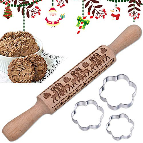 Christmas Wooden Rolling Pins - 2021 Upgrade Embossed Wooden Rolling Pins Deeply Engraved 3D Embossing Rolling Pin with Christmas Symbols for Baking Christmas Theme Pastries   Cookies 14 inch