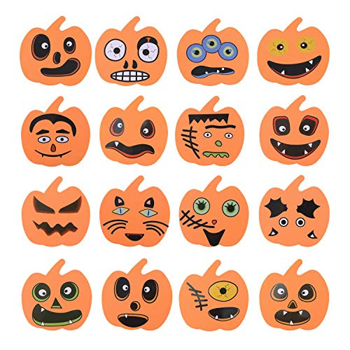 Windspeed 16 Pieces Halloween Foam Pumpkin Craft Kit with 16 Pieces Halloween Pumpkin Stickers Decorating Craft Stickers for Halloween Kids Craft Party Decorations