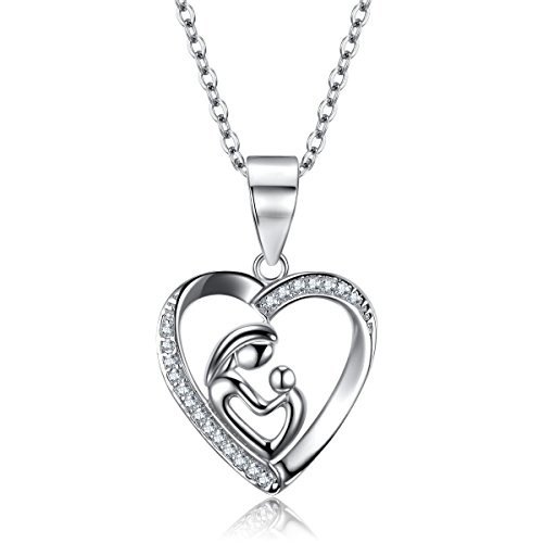 Kaletine Mother and Child Love Heart Pendant Necklace Sterling Silver 925 Cubic Zirconia CZ Cable Chain 16 2  Extender