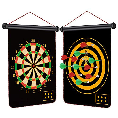 AWOKEN Magnetic Dart Board for Kids  15  Dartboards Set Two Sided Magnet Hang Wall Rubber Bullseye Game  Roll-up Magnet Dard Boards  12pcs Darts Included for Indoor 15
