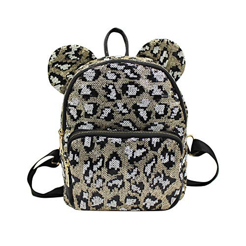 Women Girls Glitter Leopard Sequins Backpack Travel Daypack Schoolbag Satchel with Cute Ears