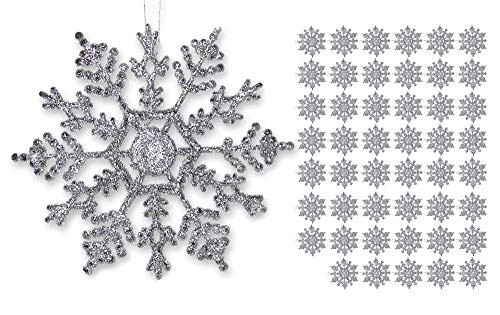 BANBERRY DESIGNS Silver Snowflakes - Set of 96 Glittery Snowflake Ornaments - Shatterproof Christmas Ornaments with Silver Cords - Snowflake Decorations