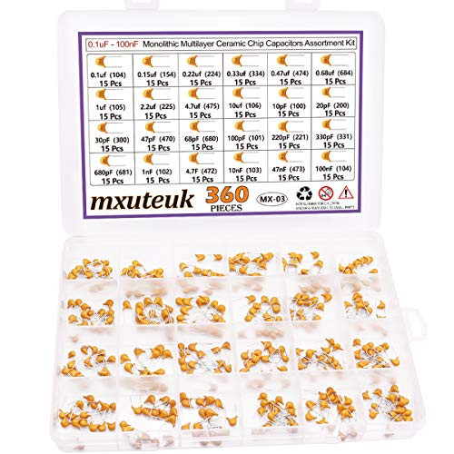 mxuteuk 360 Pcs 24 Type Values 10pF - 100nF DIP Monolithic Multilayer Ceramic Chip Capacitors Assortment Kit in a Box MX-03