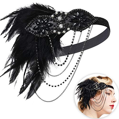 BABEYOND 1920s Flapper Headband 20s Great Gatsby Headpiece Black Feather Headband 1920s Flapper Gatsby Hair Accessories Black