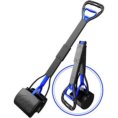 CROWNY Pet Pooper Scooper for Dogs and Cats with Long Handle Foldable Dog Poop Waste Pick Up Rake  Jaw Claw Bin for Grass and Gravel Blue