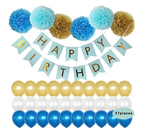 Birthday Party Decorations with Birthday Banner, Balloons, Pom Poms, Paper Garland and Tassel. Party Supplies for Birthday Decoration (Blue) Birthday Party Decorations with Birthday Banner, Balloons, Pom Poms, Paper Garland and Tassel. Party Supplies for Birthday Decoration (Blue)