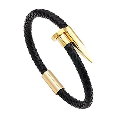 Bracelet for Men - Braided Leather Bracelet Charm Bracelets Bangle Stainless Steel Cuff Bracelet for Men and Women Gold