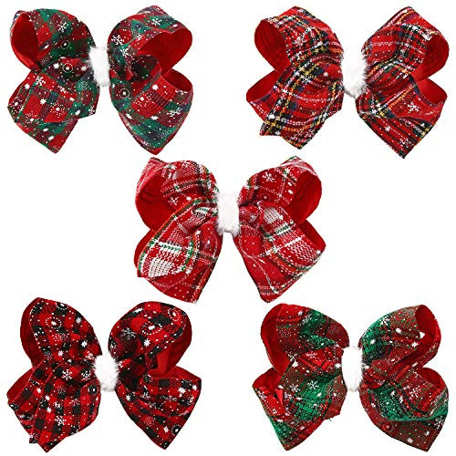 5 Pieces Christmas Large Hair Bow Clips Lattice Bow Hair Clips Christmas Bowknot Hairpins for Baby Girls Children Kids Women Hair Accessories