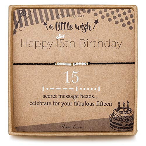 RareLove 15th Birthday Gifts for Girls 15 Morse Code Bracelet Black String 925 Sterling Silver Beaded Bracelets Daughter Sister Friendship 15 Year Old
