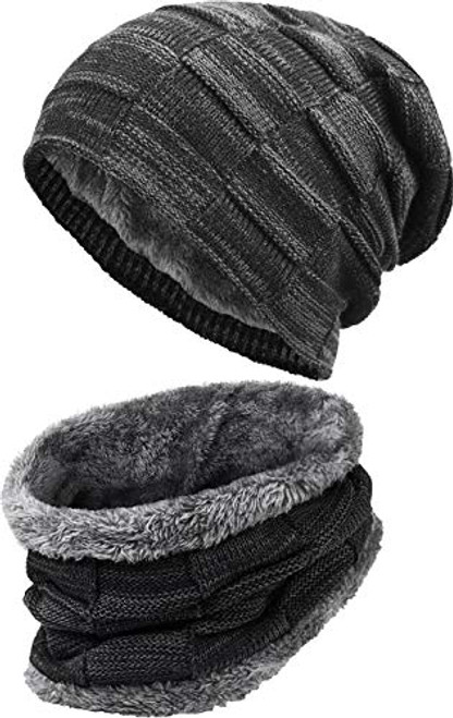 IYEBRAO 2-Pieces Winter Beanie Hat Scarf Set Thick Fleece Lined Warm Knit Ski Hats Skull Cap for Men   Women Black