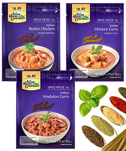 Asian Home Gourmet Indian Spice Paste Variety  Indian Butter Chicken  Indian Chicken Curry  Indian Vindaloo Curry  1-75 oz  3 packs