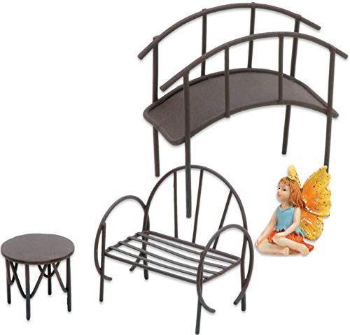 Superior Home Arts Fairy Garden Accessories Metal Bridge  Table  Bench  and Fairy Bundle of 4 Miniature Items Fairy Garden Starter Kit Fairy with Orange Yellow Wings Blue Shirt