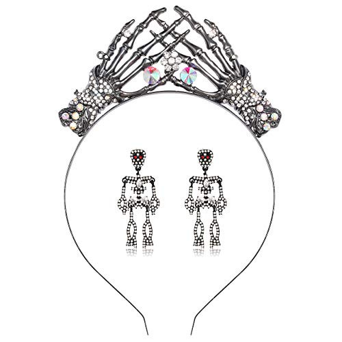 NLCAC Halloween Headband Gothic Rhinestone Skull Skeleton Hand Bone Headband Halloween Party Costume Hair Band Accessories for Women Girls Silver Stone