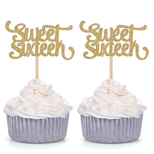 24 Counts Gold Glitter Sweet Sixteen Cupcake Toppers 16th Birthday Decorations Party Picks
