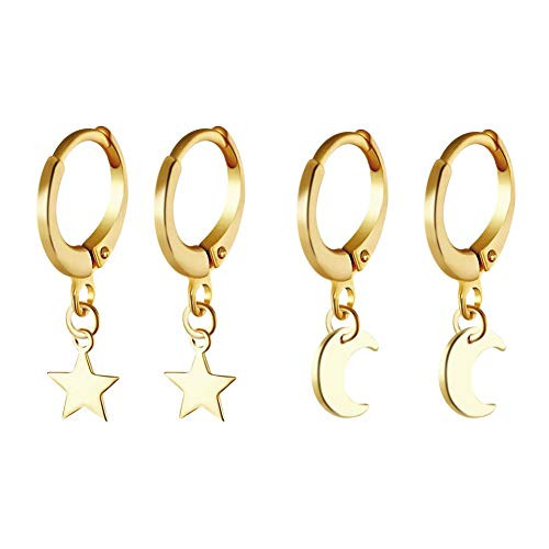 IORMAN 2 Pairs Moon Star Earrings for women Girls  Earring Studs Set  Hoop Earrings for Women  18K Gold Plated Hypoallergenic Earrings for Women Sensitive Ears Gold-2 pairs moon star