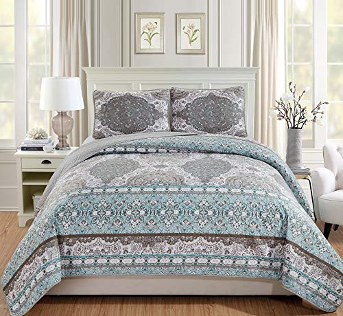 Luxury Home Collection 2 Piece Twin/TwinXL Quilted Reversible Coverlet Bedspread Set Floral Printed White Blue Gray (Twin/TwinXL)