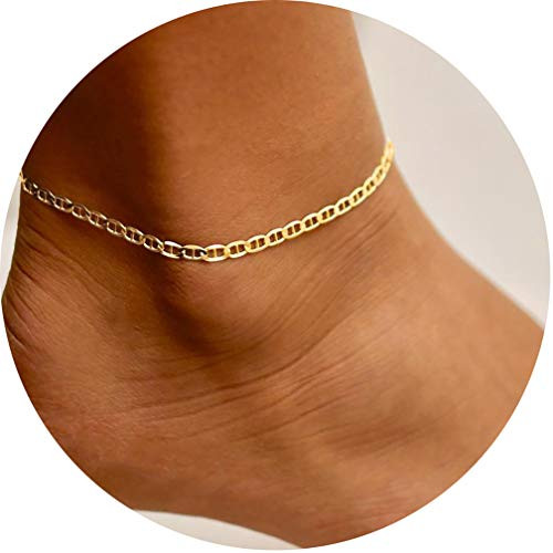 Kyerlyn Dainty Flat Marina Chain Ankle Bracelet for Women 18k Gold Plated Summer Beach Adjustable Chain Anklet for Women Girl Teen Simple Fashion Jewelry Gift
