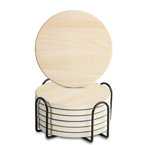 LENYOSSI Marble Coasters for Drinks  Absorbent Coasters Set with Holder  Set of 6  for Kinds of Drinks  Wood Grain Pattern  Funny Housewarming Gift  4 Inches