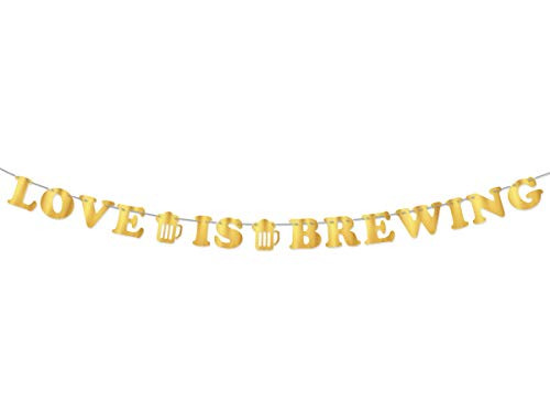 Love Is Brewing Gold Bunting Banner Bridal Shower Part Supplies   Wedding Engagement Love Sign Party Decoration   Beverage Table Sign Party Decoration   Beer Themed Party Decor Kit - 7 Inch