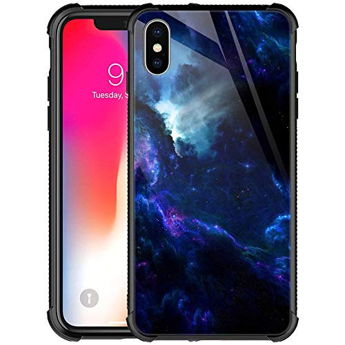 iPhone Xs MAX Case  Dark Blue Space Nebula Light 9H Tempered Glass iPhone Xs MAX Case for Men Boys Duty Shockproof Protective Cover for Apple iPhone Xs MAX