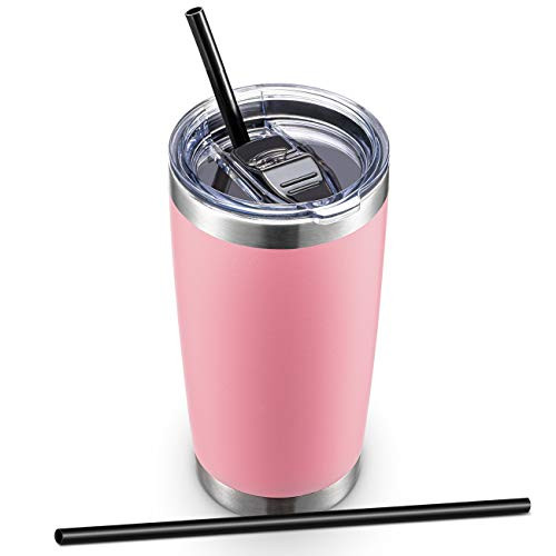 ALOUFEA 20oz Stainless Steel Tumbler with Lid and Straw  Vacuum Insulated Tumbler Cup  Double Wall Coffee Tumbler  Powder Coated Travel Coffee Mug  Pink