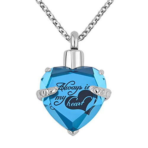 Jesse Ortega Cremation Jewelry Always in My Heart Engraved Birthstone Urn Necklace of Ashes Memorial Keepsake Stainless Steel Necklace Sky Blue