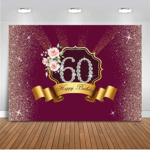 Mocsicka Happy Birthday 60 Years Backdrop Happy Sixty Silver Dot Pink Flower Photography Background Red Background 8x6ft Vinyl Birthday Photo Studio Shooting Props