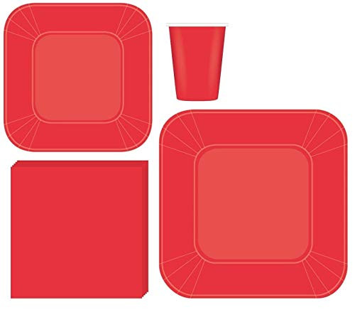 Serves 50   Complete Party Pack   Red Square Plates   9  Dinner Square Paper Plates   7  Dessert Square Paper Plates   9 oz Cups   3 Ply Napkins   Baby Shower  office parties  birthday parties  festivals  Red Party Theme