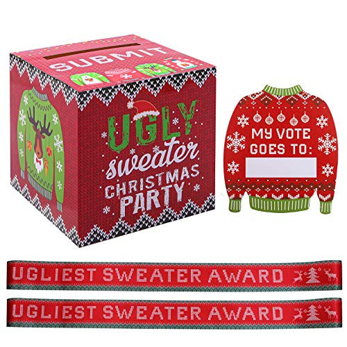 Cooraby Ugly Sweater Contest Ballot Box and 60 Voting Cards  2 Pieces Sweater Award Sashes for Xmas Decorations Office Holiday Christmas Party Supplies