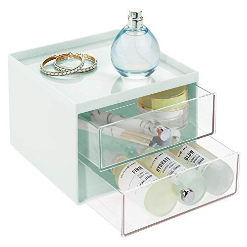 mDesign Plastic Makeup Organizer Storage Station Cube with 2 Drawers for Bathroom Vanity  Cabinet  Countertops - Holds Lip Gloss  Eye Shadow Palettes  Brushes  Blush  Mascara - Mint Green-Clear
