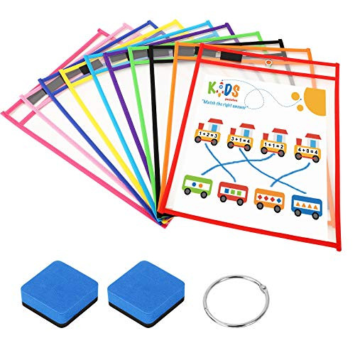 Sinzip 10 Pack Heavy Duty Dry Erase Pocket Sleeves  Reusable Multicolored Dry Erase Pocket Sheet Protectors with 2 Erasers  1 Book Ring  Great for Classroom  School  Home or Office Use 10 Pack
