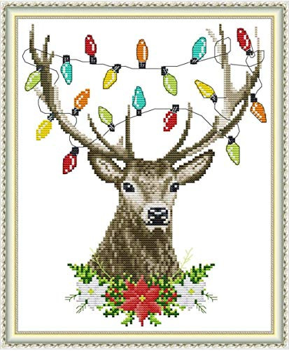 Cross Stitch Stamped Kits 11CT 14X16 inch Holiday Gift Pre-Printed Cross-Stitching Starter Patterns for Beginner Kids or Adults  Embroidery Needlepoint Kits Christmas Deer