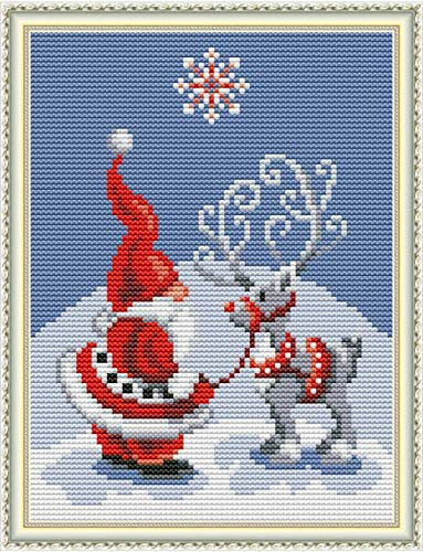 Cross Stitch Stamped Kits 11CT 9X11 inch Holiday Gift Pre-Printed Cross-Stitching Starter Patterns for Beginner Kids or Adults  Embroidery Needlepoint Kits Santa Claus Christmas Deer