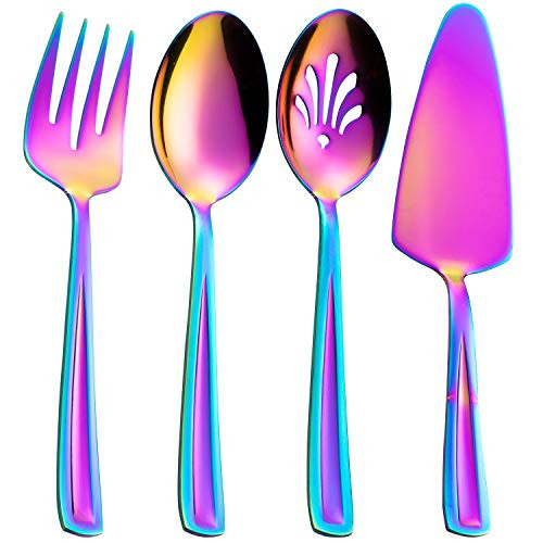 Rainbow Hostess Serving Utensil Set  GoGeiLi 4-Piece Stainless Steel Flatware Silverware Serving Set  Include Serving Spoon  Slotted Serving Spoon  Serving Fork and Cake Server  Dishwasher Safe