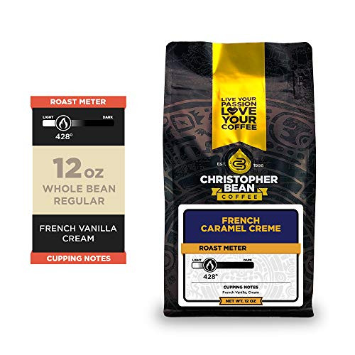 Christopher Bean Coffee - French Caramel Crème Flavored Coffee  Regular Whole Bean 100  Arabica  No Sugar  No Fats  Made with Non-GMO Flavorings  12-Ounce Bag of Regular Whole Bean coffee