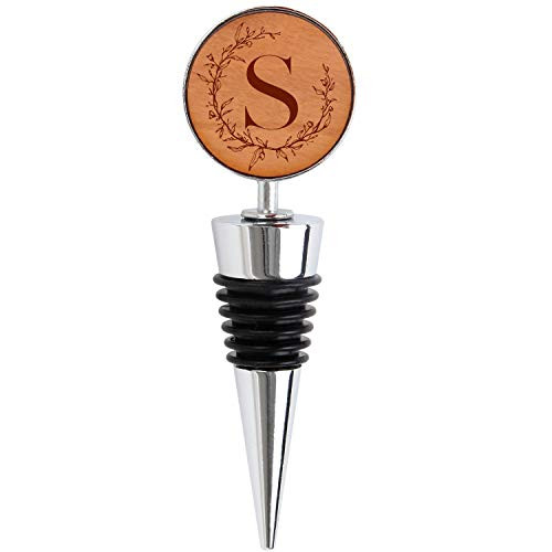 Monogram Letter S Wine Bottle Stopper with Reusable Wine Cork- Wooden Decorative Wine Toppers - Decorated Wine Stopper - Silicone   Metal Wine Stoppers
