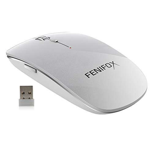 FENIFOX Wireless Mouse Slim Mouse with 2-4G USB Receiver Portable Ergonomic Quiet Mice for Laptop Tablet PC chromebook Mac MacBook pro Android -Silver White