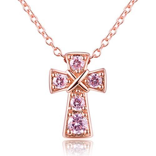 Karseer Rose Gold Christian Cross Pendant Necklace Jewelry with 5 AAA Created Pink-Sapphire Birthstones Inlaid Religious Fashion Accessory for Women and Girls