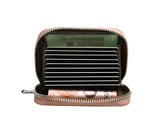 HLILOP Card Cases Genuine Leather Zipper Credit Holder Security Pink Orange Travel Wallet