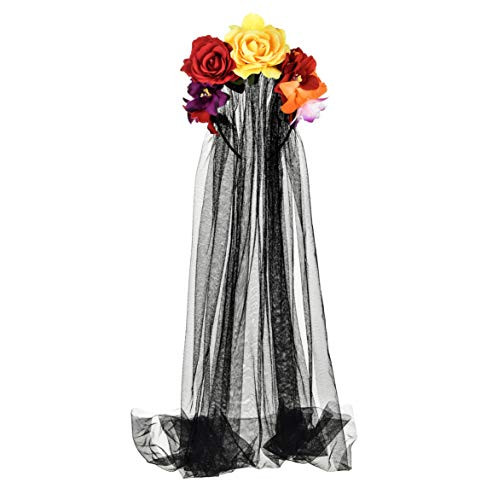 Funsveta Day of the Dead Headpiece Rose Floral Crown Lace Veil Halloween Costume Dress Up Accessory Red and Yellow Rose Lily Flower
