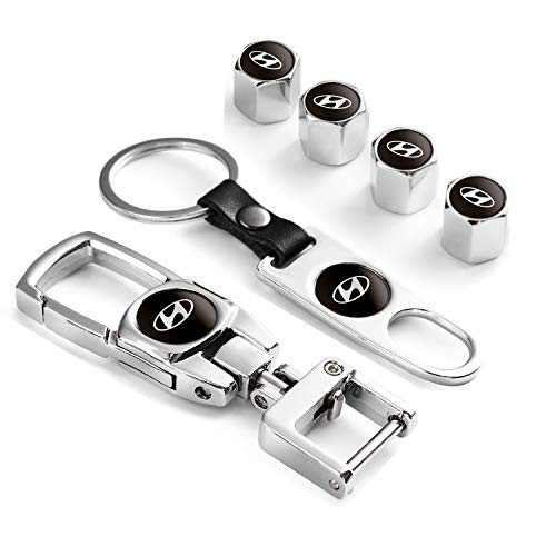 Tire Valve Stem Caps Cover and Heavy-Duty Keychain Combo Set for Hyundai Elantra Sonata Santa Fe Genesis Veloster Tucson Tiburon Kona Accent Car Wheel Total 6pcs Heavy-Duty
