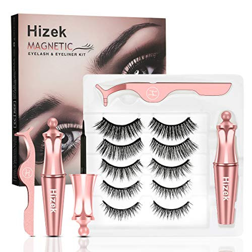Magnetic Eyelashes With Eyeliner Kit  Hizek Upgraded 3D Magnetic Eyelashes Kit With 5 Pairs Reusable False Eyelashes Natural  Tweezers and Eyeliner - No Glue Needed