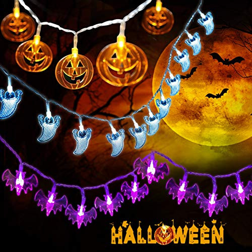 AURUZA Halloween Decoration String Lights Set of 3 Total 44FT 90 LED Purple Bat  White Ghost  Orange Pumpkin String Lights Battery Operated String Lights for Halloween Decorations Outdoor   Indoor AURUZA Halloween Decoration String Lights Set of 3 Total 44FT 90 LED Purple Bat  White Ghost  Orange Pumpkin String Lights Battery Operated String Lights for Halloween Decorations Outdoor   Indoor