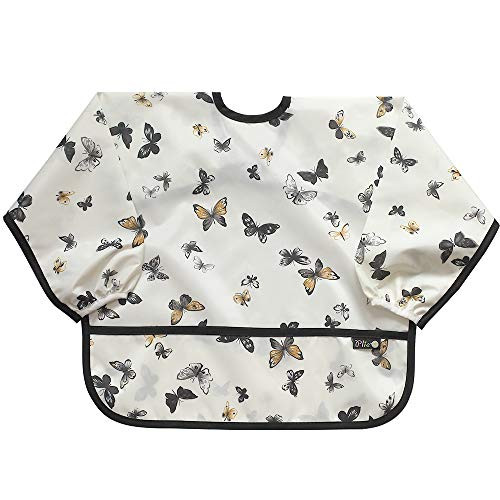 Plie Sleeved Bib-Baby Bib-Toddler Bib-Smock  Waterproof  Washable  Stain and Odor Resistant  6-24 Months - Ivory-Butterfly