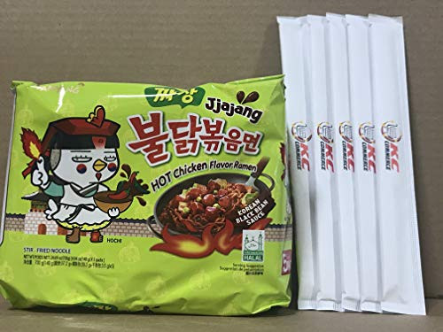 Samyang Spicy Hot Chicken Flavor Ramen Spicy Noodles 140g 5 pack with Chopsticks Bundle By KC Commerce Jjajang