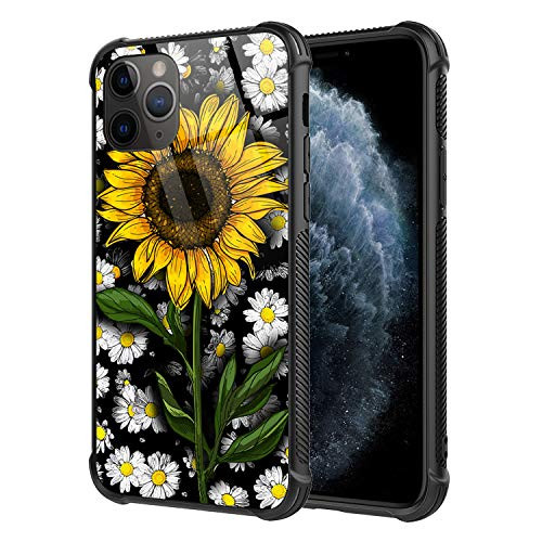 iPhone 11 Pro Max Case Sunflower and Daisies Pattern Tempered Glass for Girls Anti-Scratch  Fashion Pattern Design Cover Case for iPhone 11 Pro Max?6-5 inch?