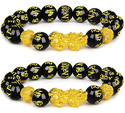 2 Pcs 12mm Pixiu Feng Shui Black Obsidian Wealth Bracelet Pixiu Bracelets for Men Hand Carves Mantra Bands for Women Elastic Bracelets Set 2